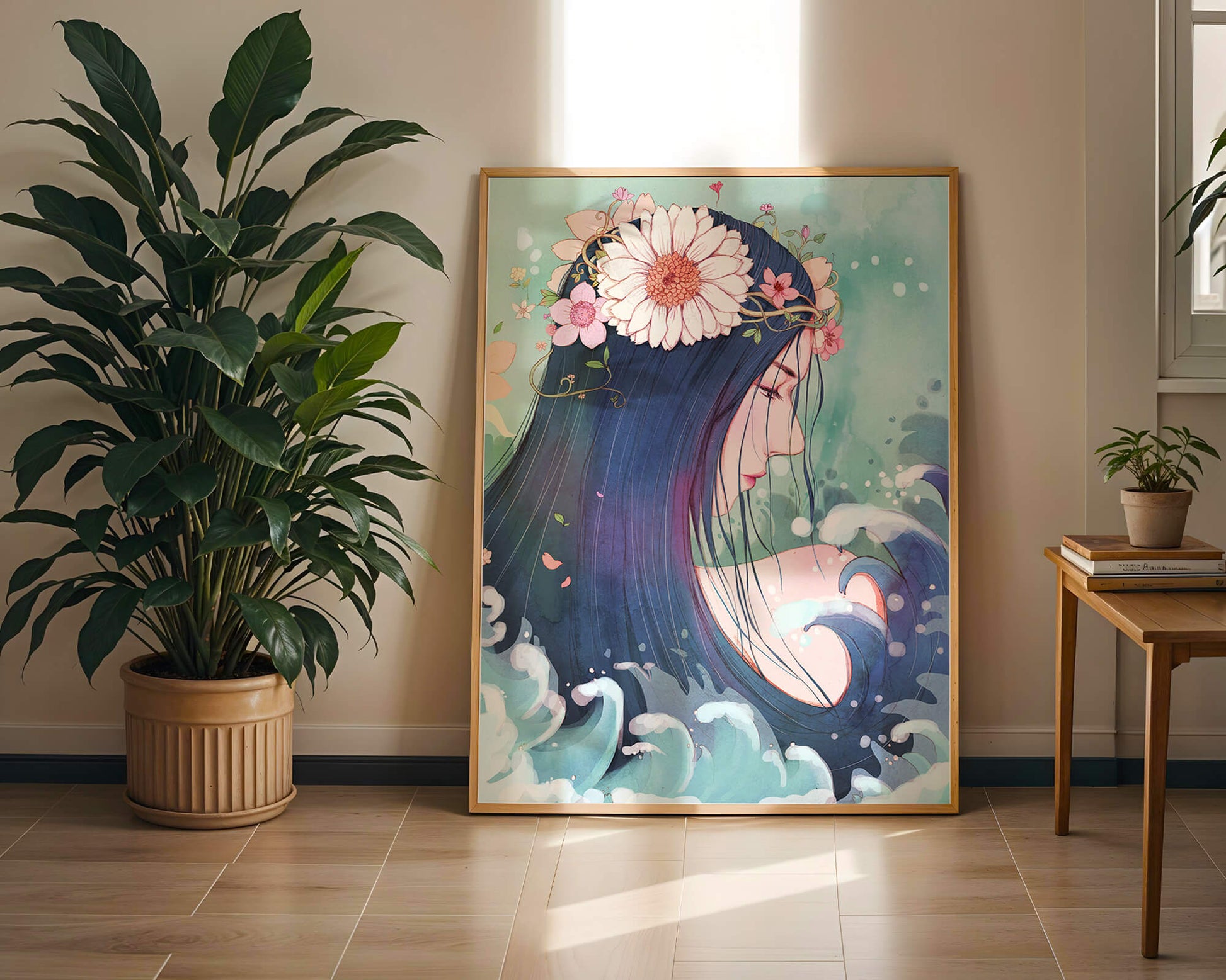 Illustration of a serene woman with floral crown and ocean waves