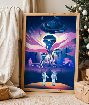Futuristic Space City With Alien Creatures and Astronauts