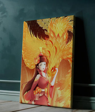 Elegante Darstellung einer Frau mit einem feurigen Phönix