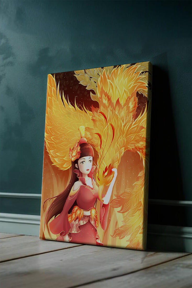 Elegante Darstellung einer Frau mit einem feurigen Phönix