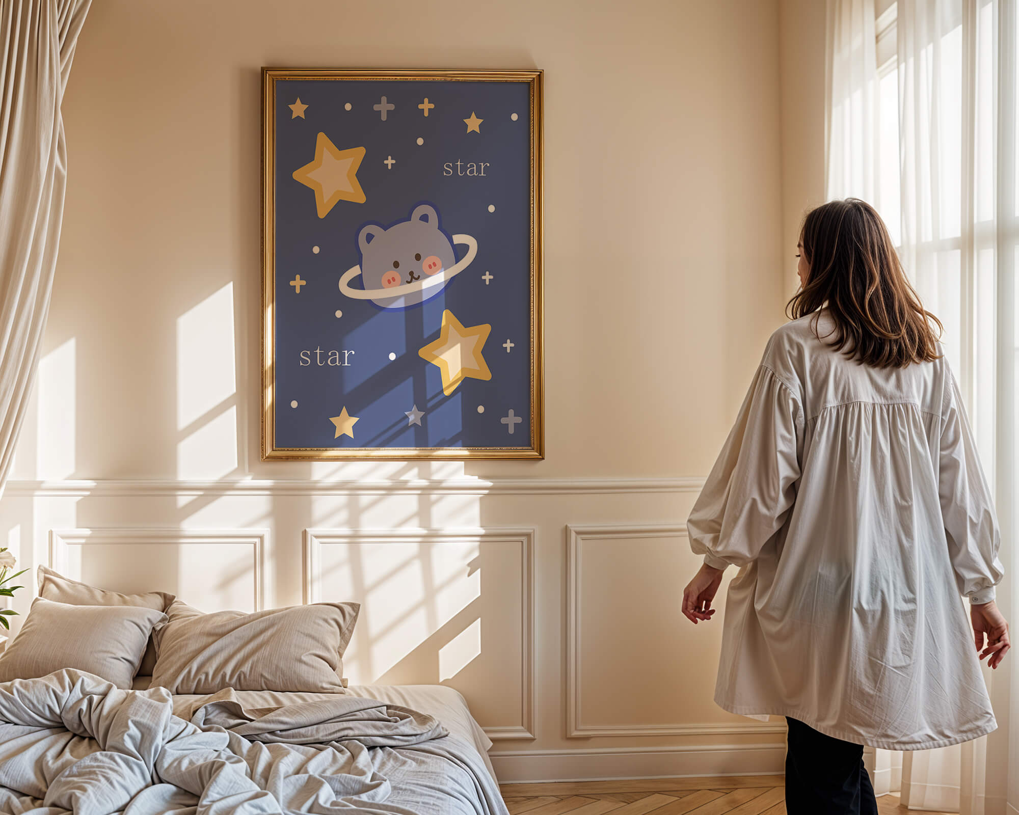 Adorable cartoon bear with stars on a blue background