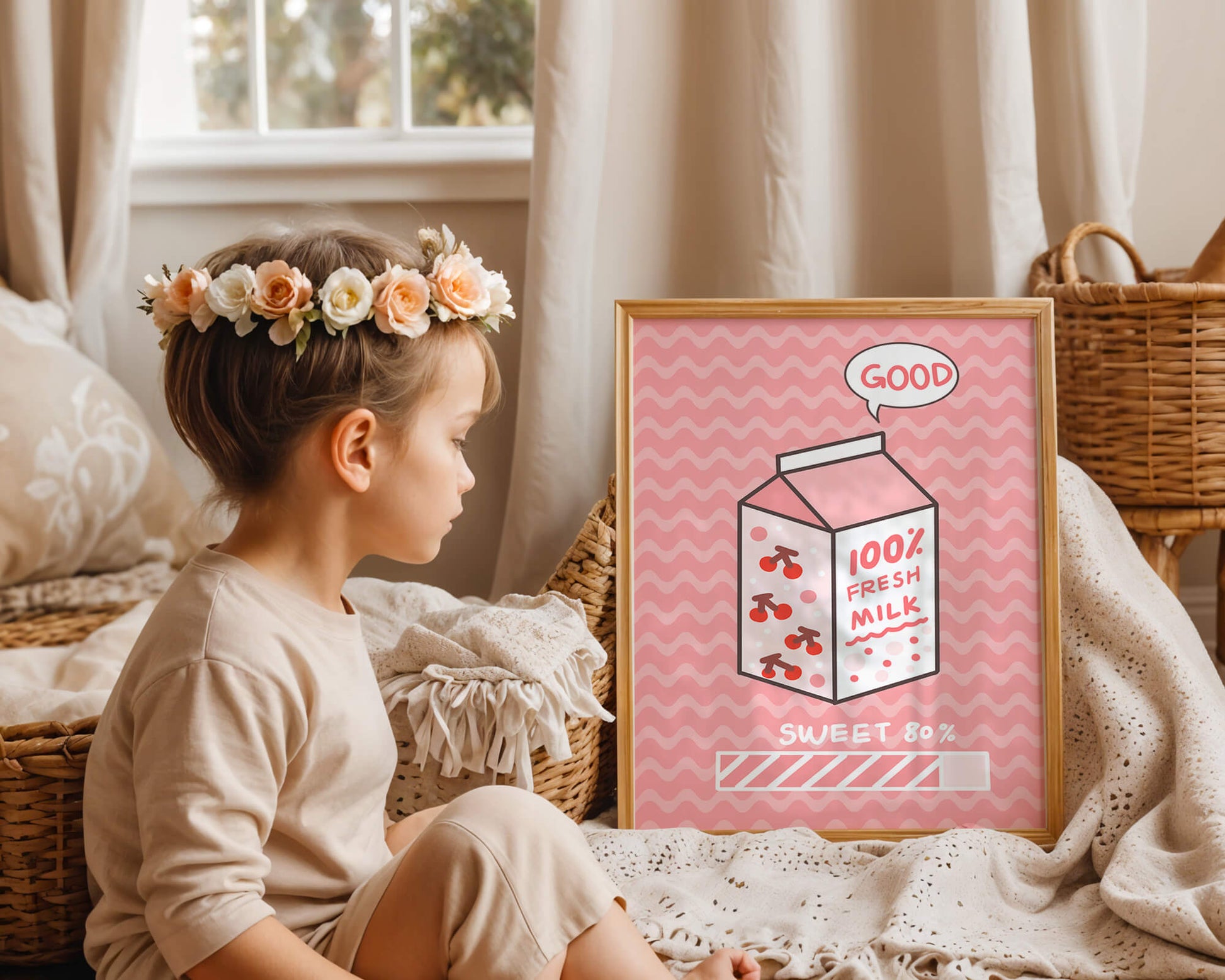 Playful illustration of milk carton with cherry design on pink background