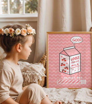 Playful illustration of milk carton with cherry design on pink background