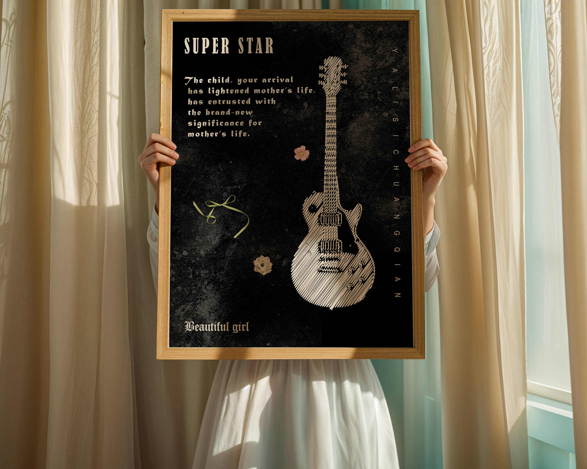 Artistic black and white guitar illustration with heartfelt text