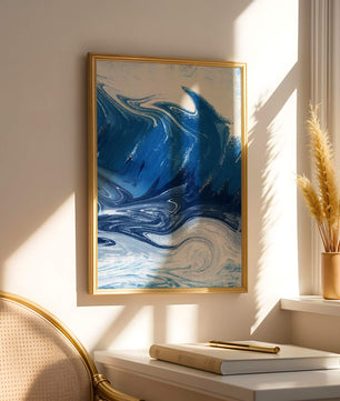 Pintura abstracta de ola oceánica azul y blanca con patrones giratorios