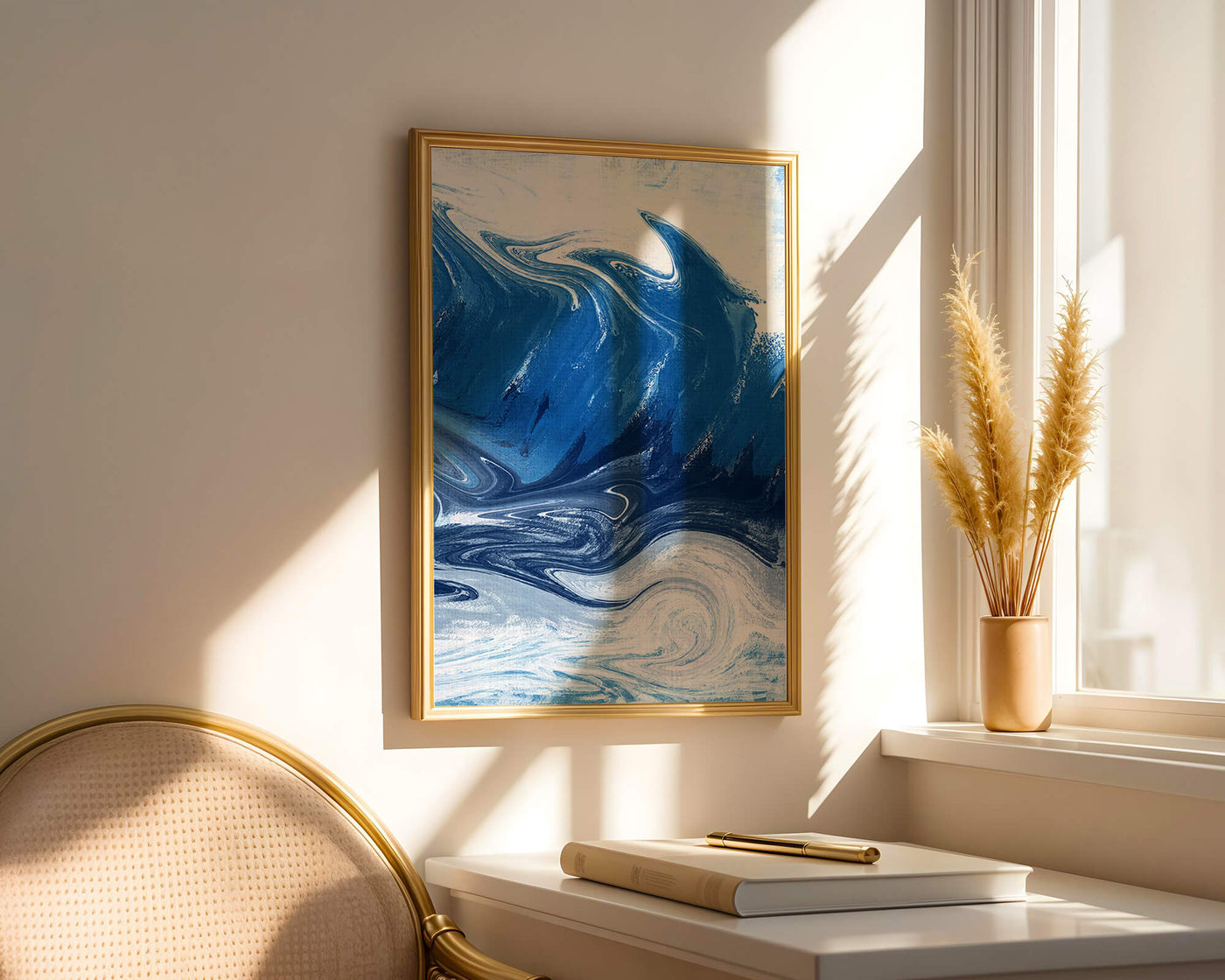 Abstract blue and white ocean wave painting with swirling patterns