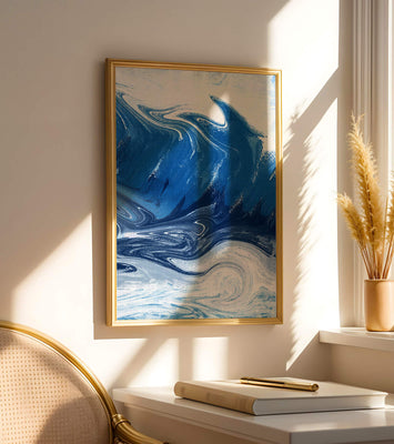 Abstract blue and white ocean wave painting with swirling patterns