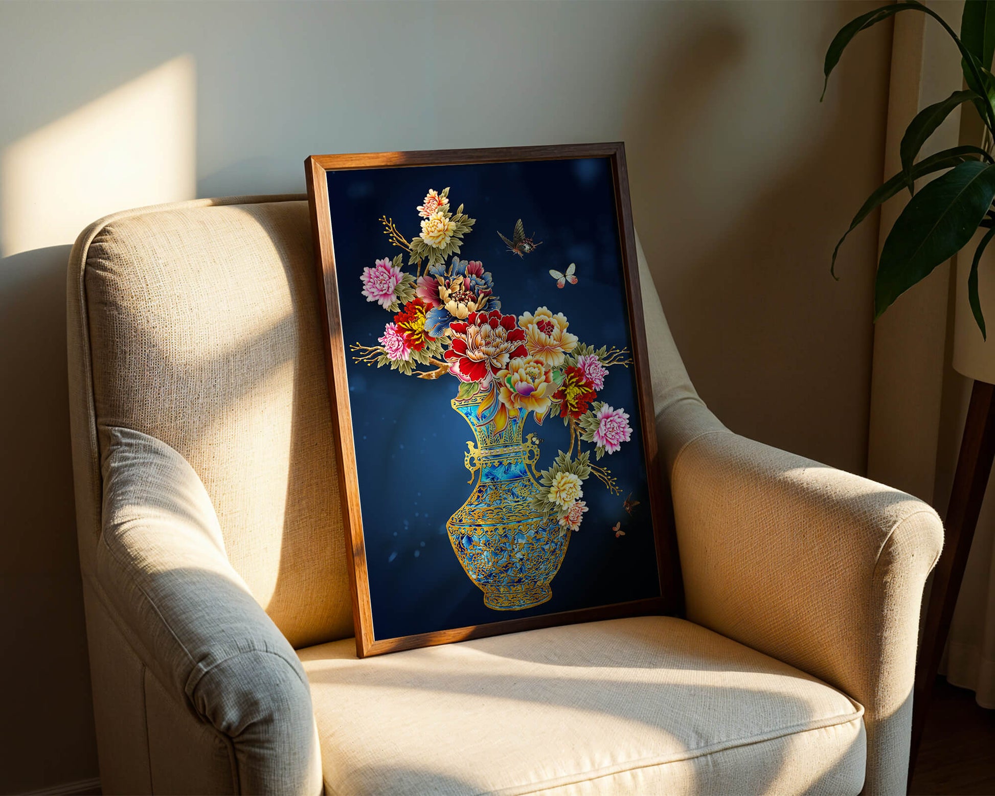 Elegant floral arrangement in ornate gold-accented vase with butterflies