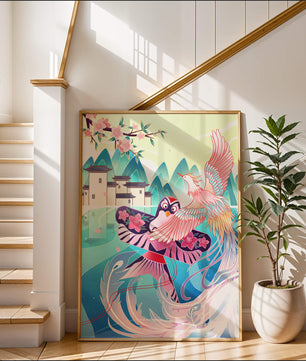 Illustration colorée d’oiseaux et de fleurs avec une architecture orientale