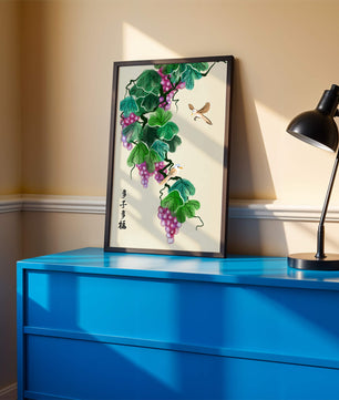 Watercolor grapevine and birds illustration with traditional art style
