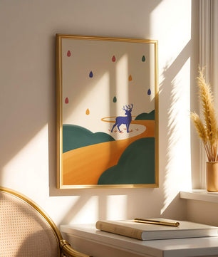 Colorful abstract deer illustration within a serene landscape