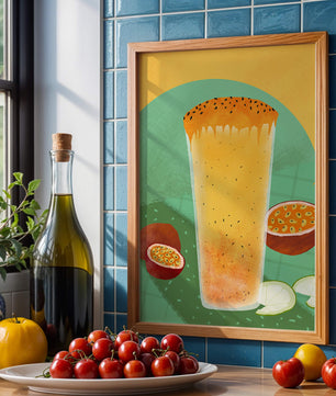 Illustrated tropical passion fruit drink with fresh slices
