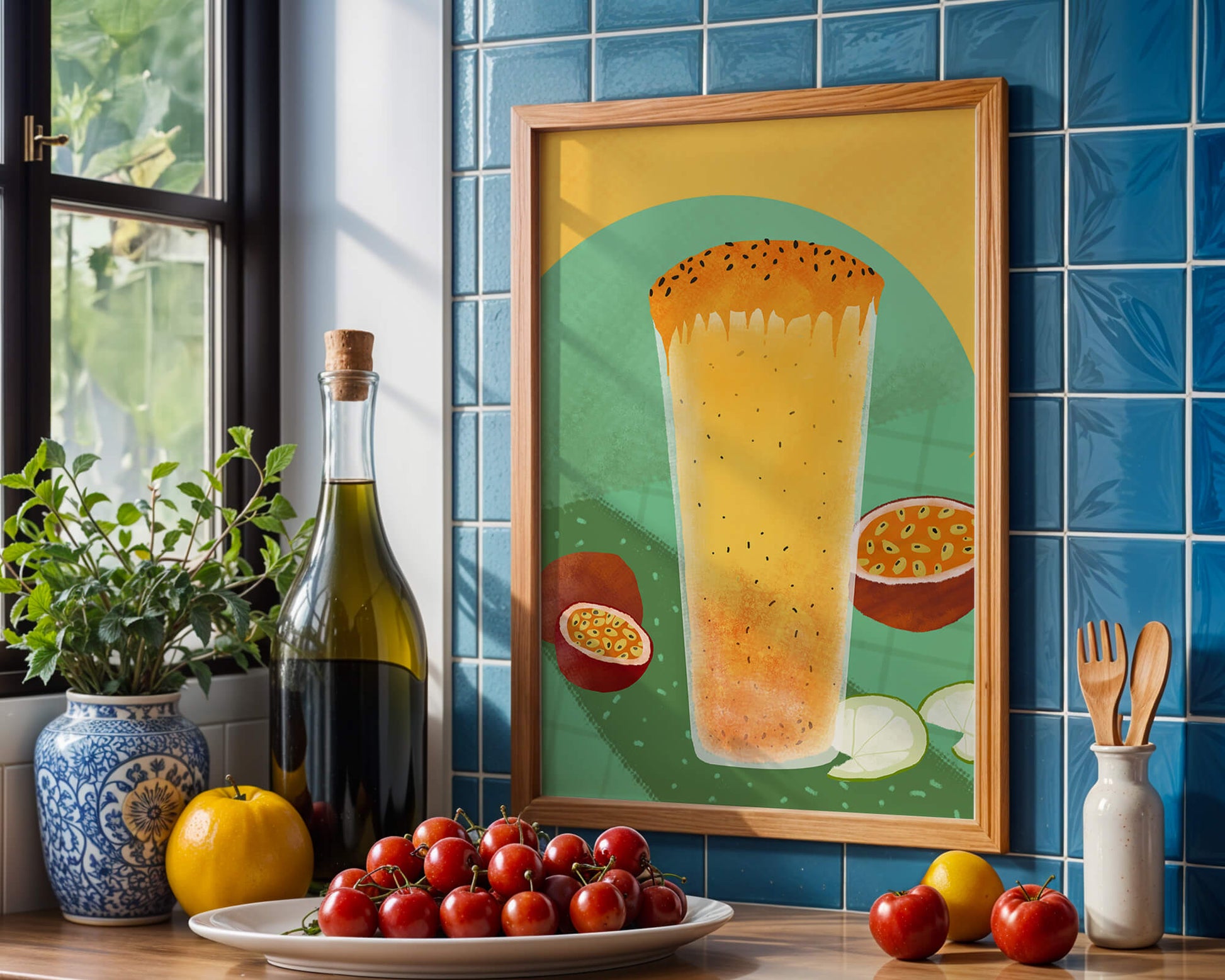 Illustrated tropical passion fruit drink with fresh slices