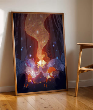 Magical forest scene with lantern and glowing hair