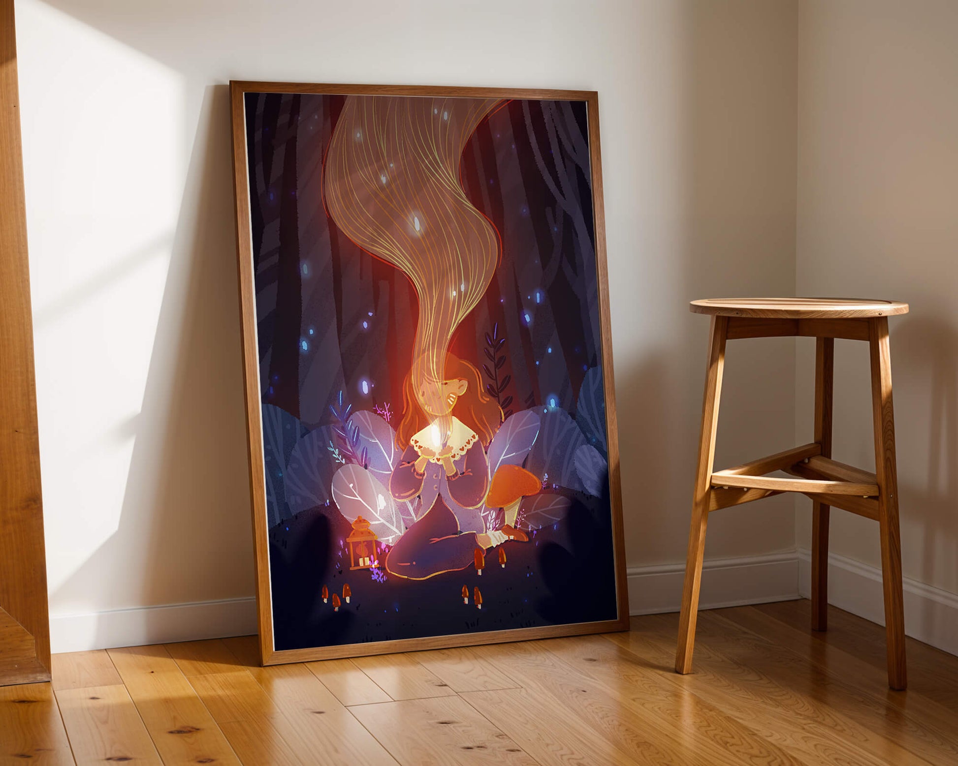 Magical forest scene with lantern and glowing hair