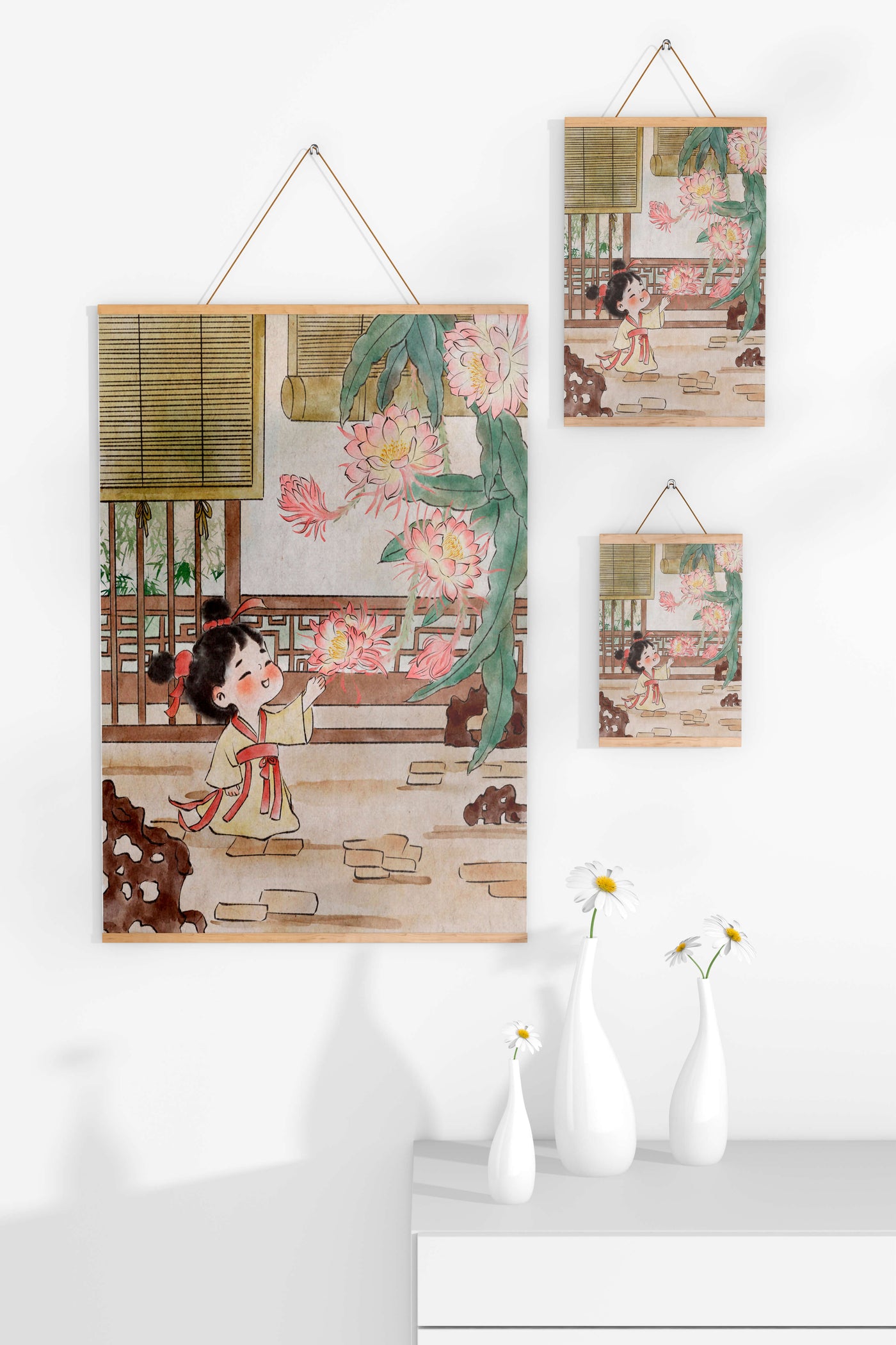 Little girl with flowers in traditional Asian garden