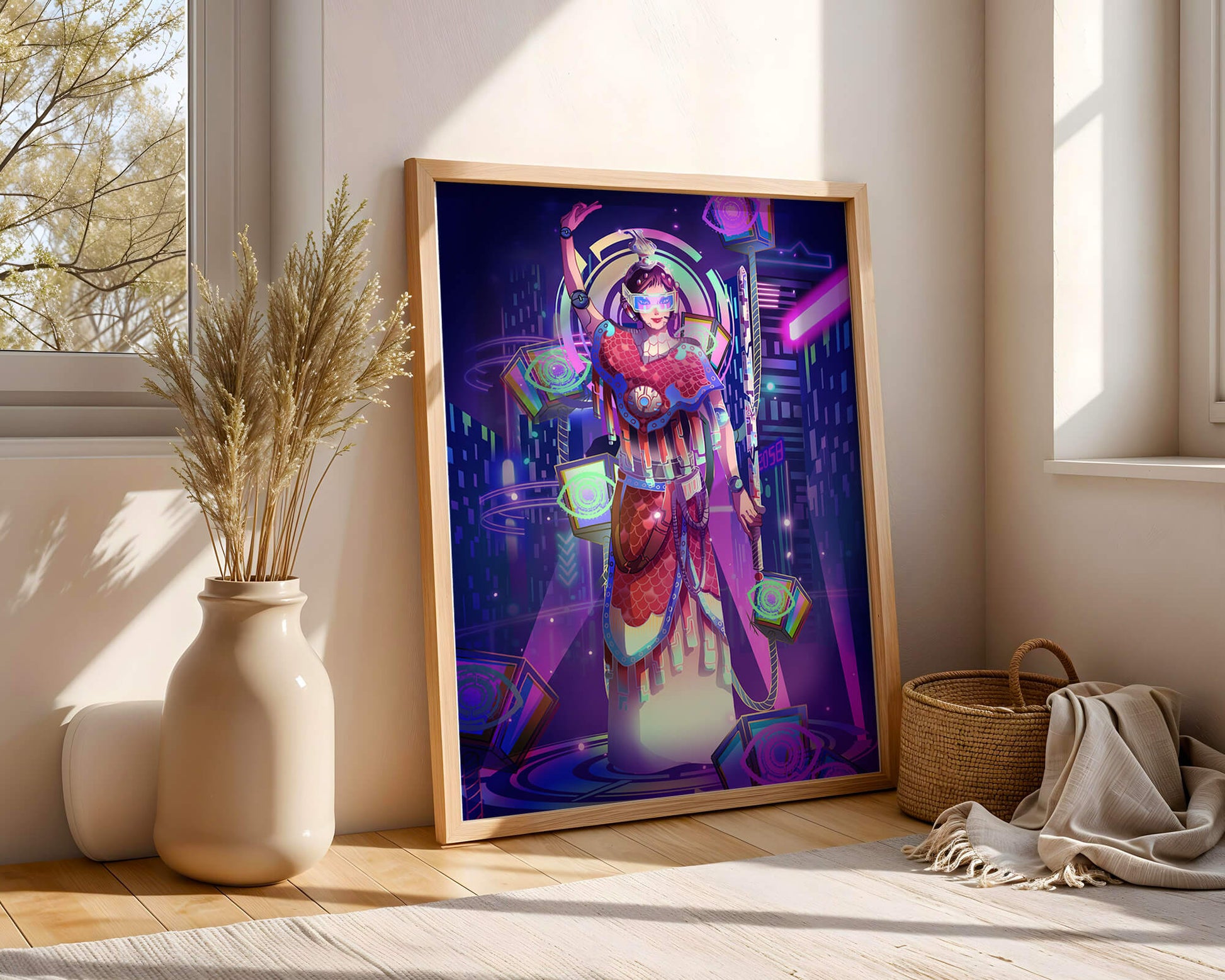 Futuristic warrior in vibrant neon cityscape with digital elements