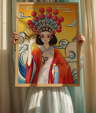Eine elegante Darstellung asiatischer Kunst mit traditioneller Kleidung und kunstvollem Kopfschmuck