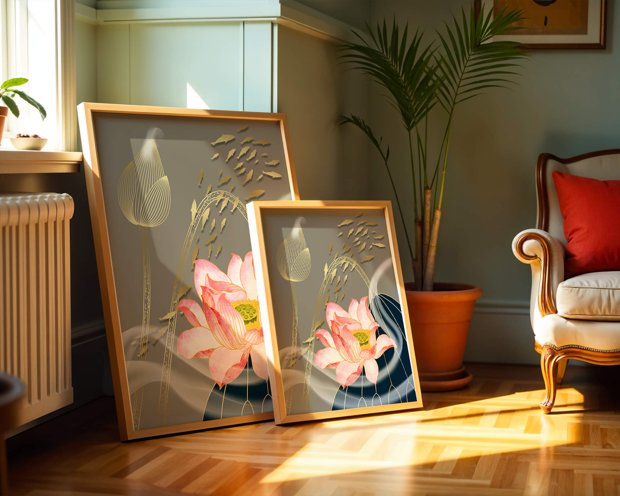 Elegant floral design with blooming lotus and golden fish accents