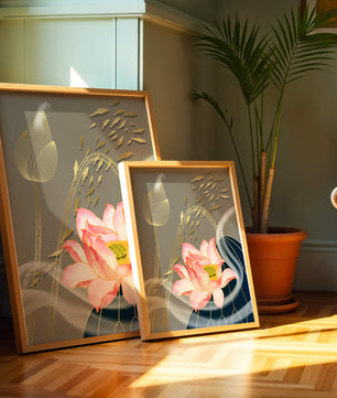 Elegant floral design with blooming lotus and golden fish accents