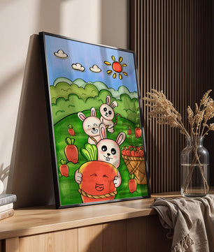 Illustration de lapins espiègles avec des carottes dans un champ ensoleillé