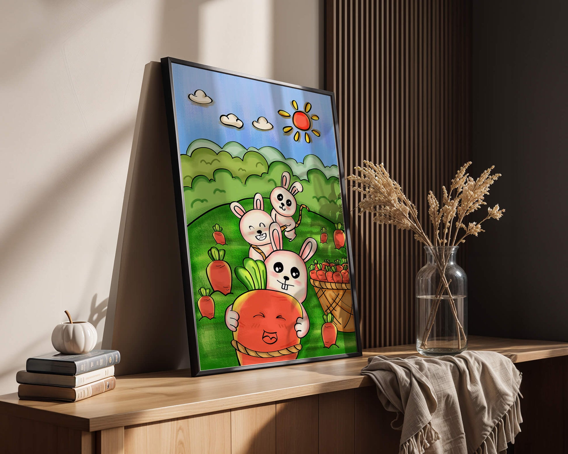 Illustration de lapins espiègles avec des carottes dans un champ ensoleillé