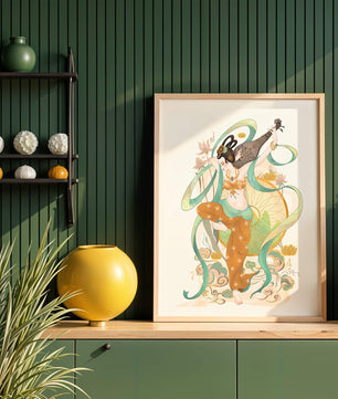 Elegant depiction of an Asian-inspired musician with floral and ribbon motifs