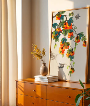 Branch with vibrant persimmons and birds illustration