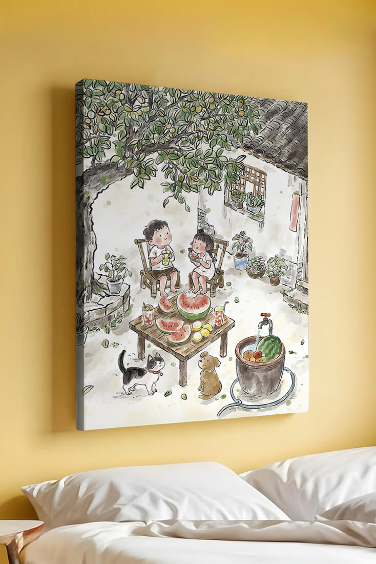 Encuentro acogedor en el patio trasero de verano con sandía y mascotas