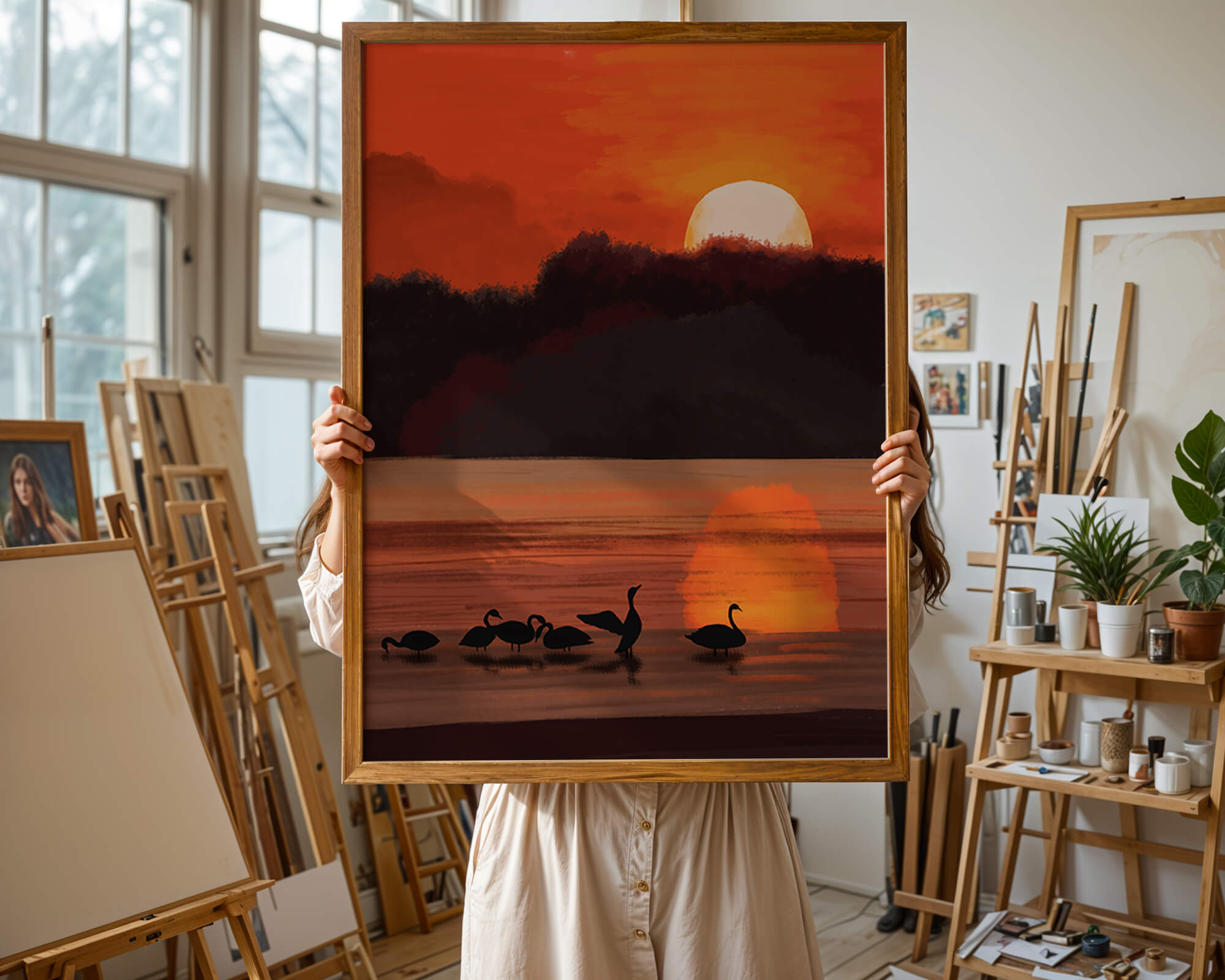 Serene sunset over a lake with silhouetted swans