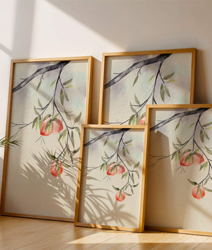 Peaceful Botanical Illustration of Branches with Leaves and Peaches - Mi tienda