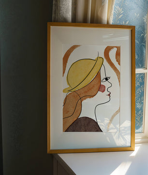 Retrato de línea moderna de una mujer con sombrero y colores vibrantes