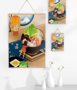 Illustration eines gemütlichen Winteressens mit Hot Pot und Zutaten