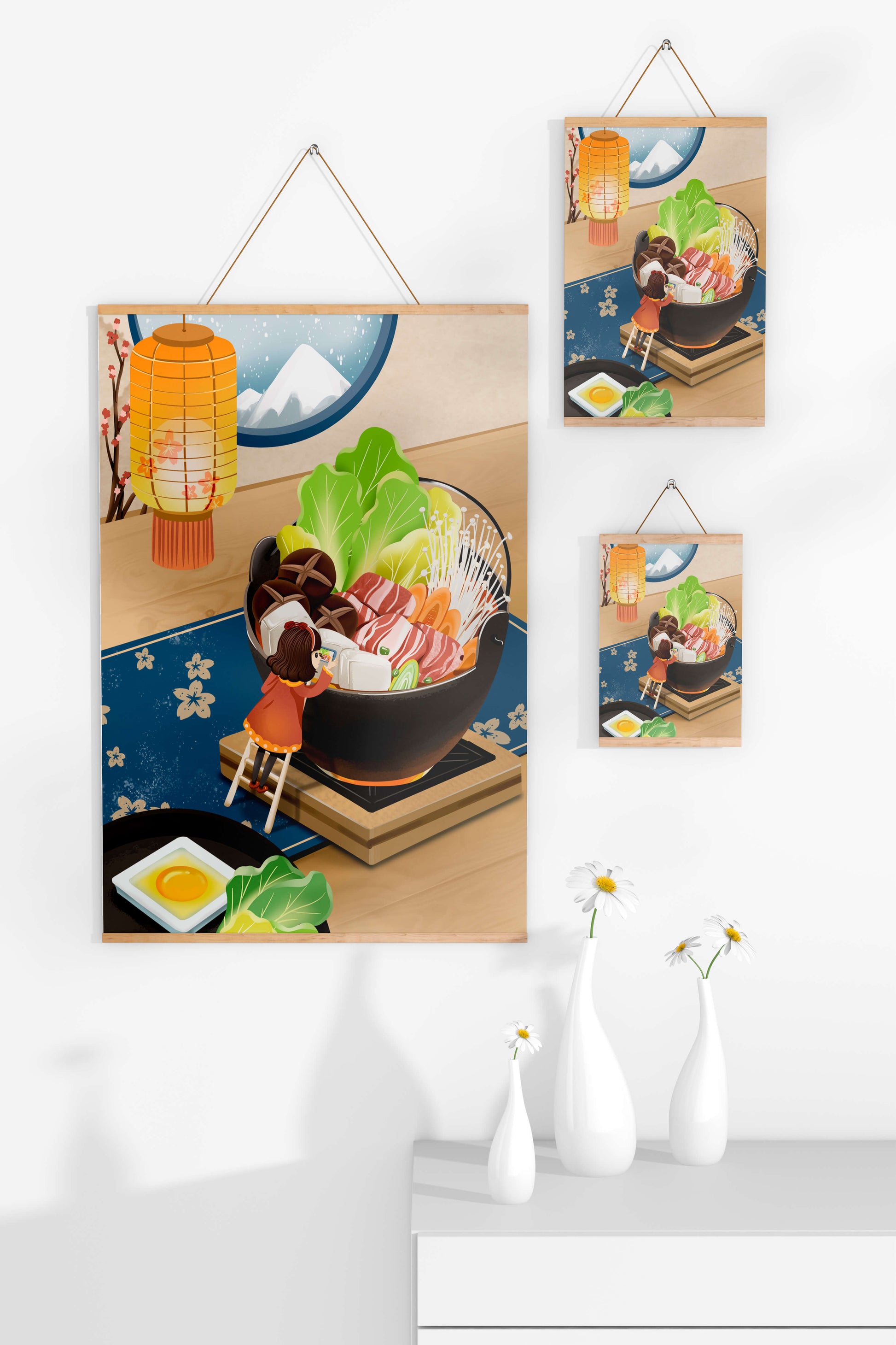 Illustration eines gemütlichen Winteressens mit Hot Pot und Zutaten