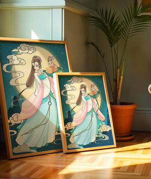 Traditional Asian-inspired artwork featuring a woman and rabbit under a moonlit sky