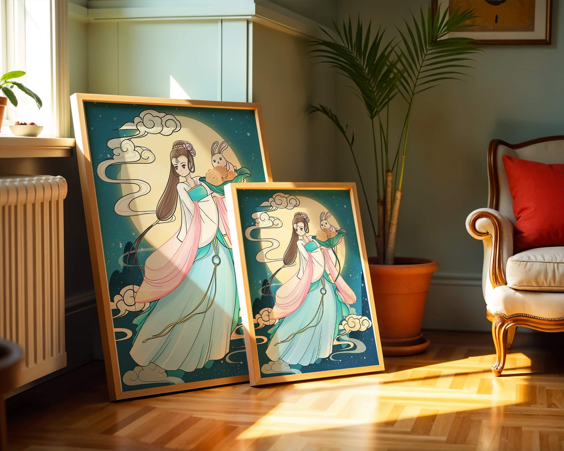 Traditional Asian-inspired artwork featuring a woman and rabbit under a moonlit sky