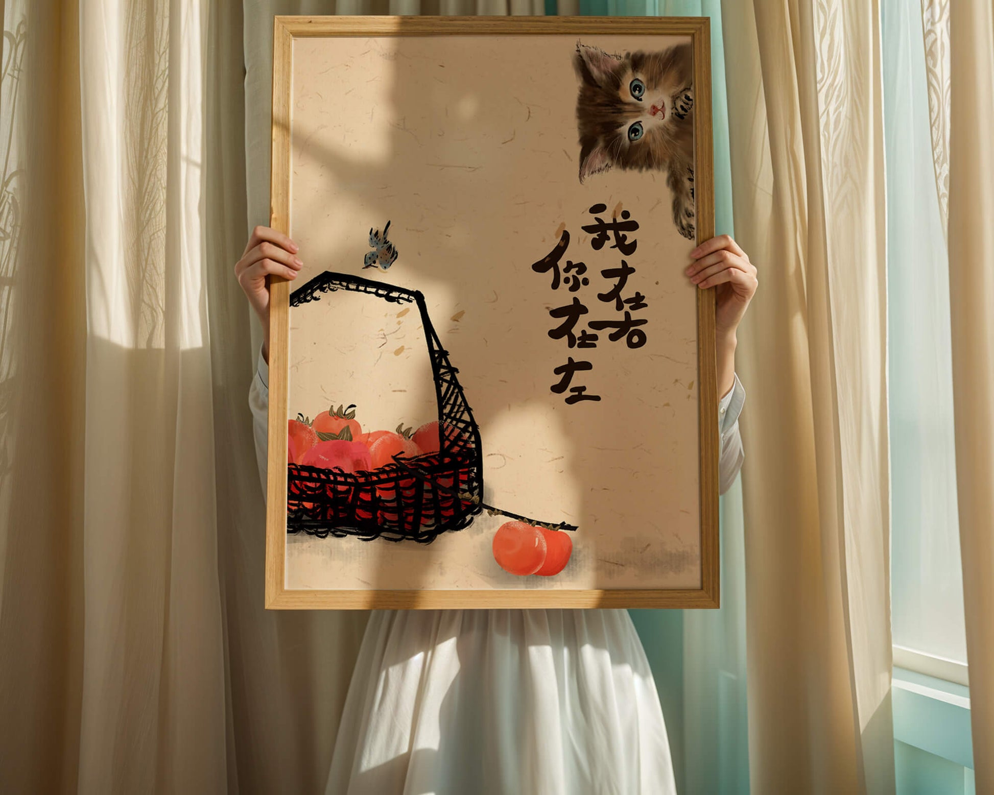 Peaceful illustration with kitten, bird, and basket of tomatoes in soft tones