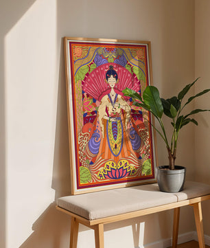 Ilustración oriental colorida con motivos de peces koi y loto