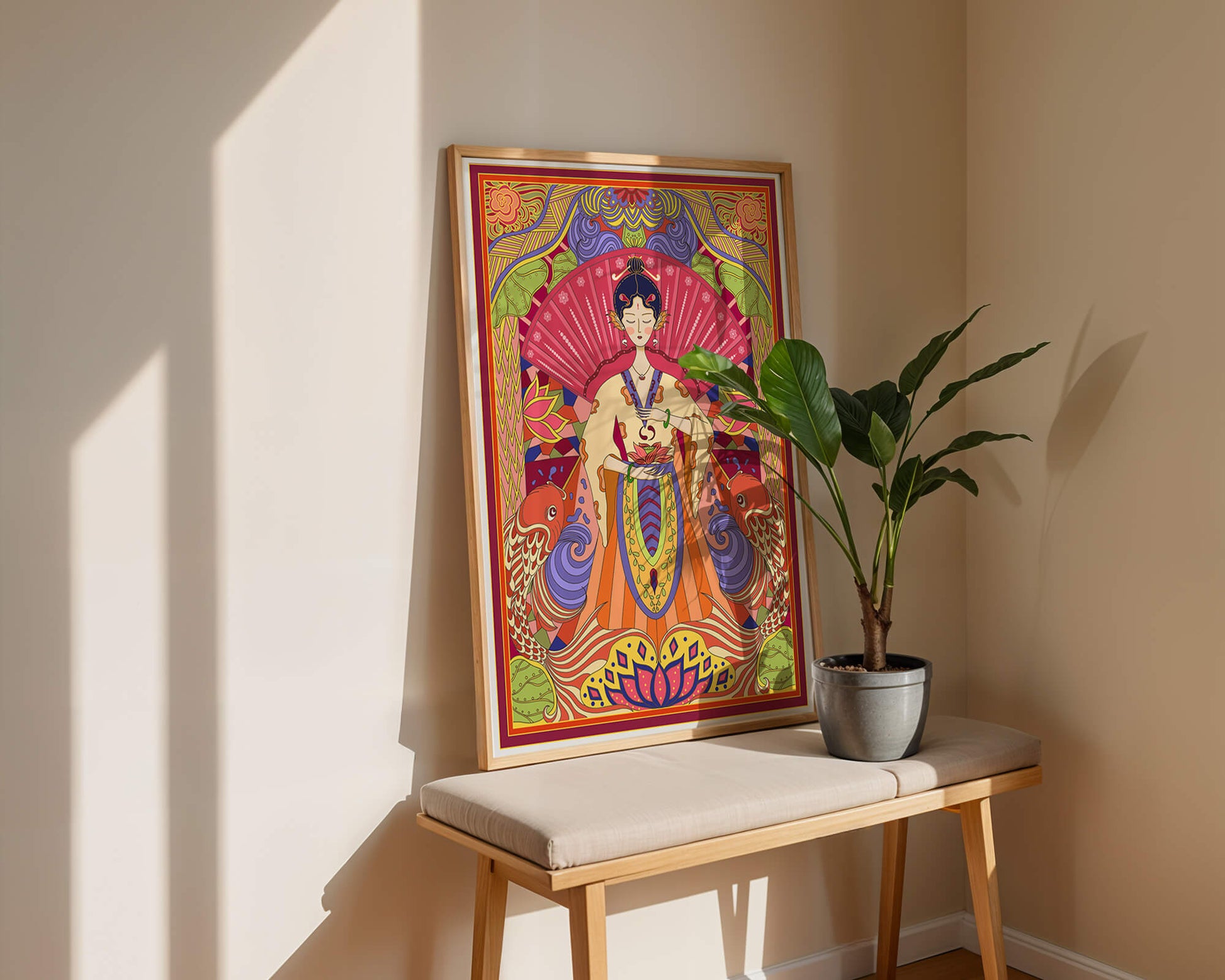 Ilustración oriental colorida con motivos de peces koi y loto