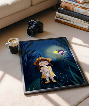 Ilustración de una chica en un bosque con una luciérnaga mágica por la noche