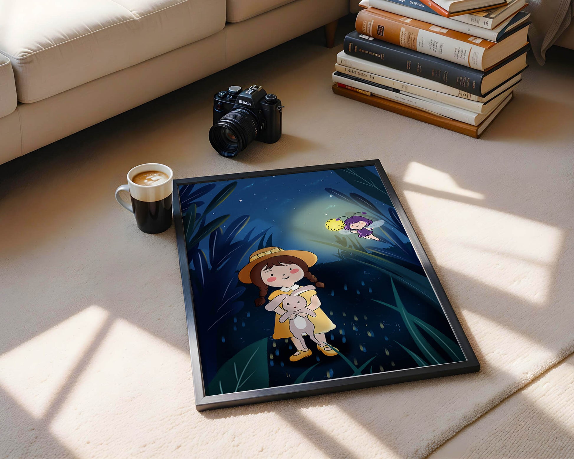 Ilustración de una chica en un bosque con una luciérnaga mágica por la noche
