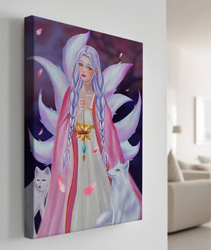 Fantasy art of ethereal figure with foxes and petals