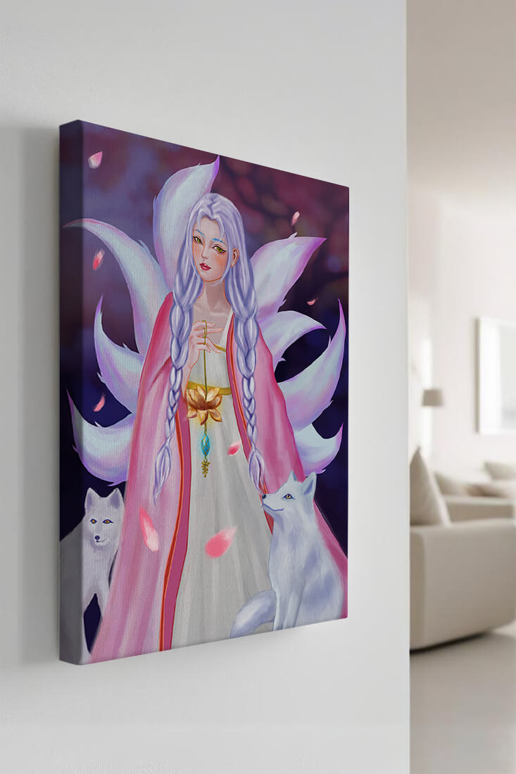 Fantasy art of ethereal figure with foxes and petals