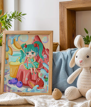 Scène de dessert fantaisiste avec un personnage mignon et des couleurs vives