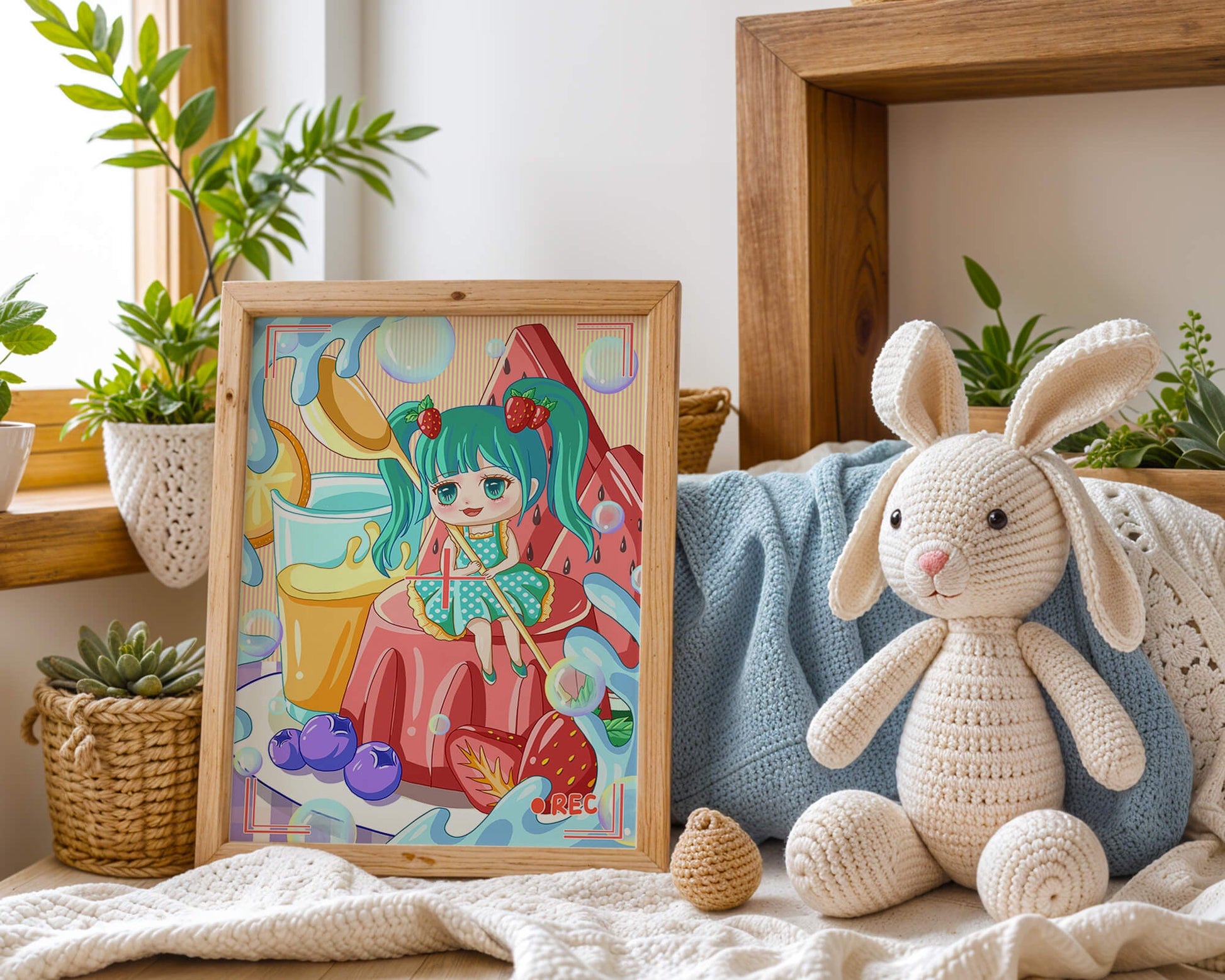 Whimsical dessert scene with cute character and vibrant colors