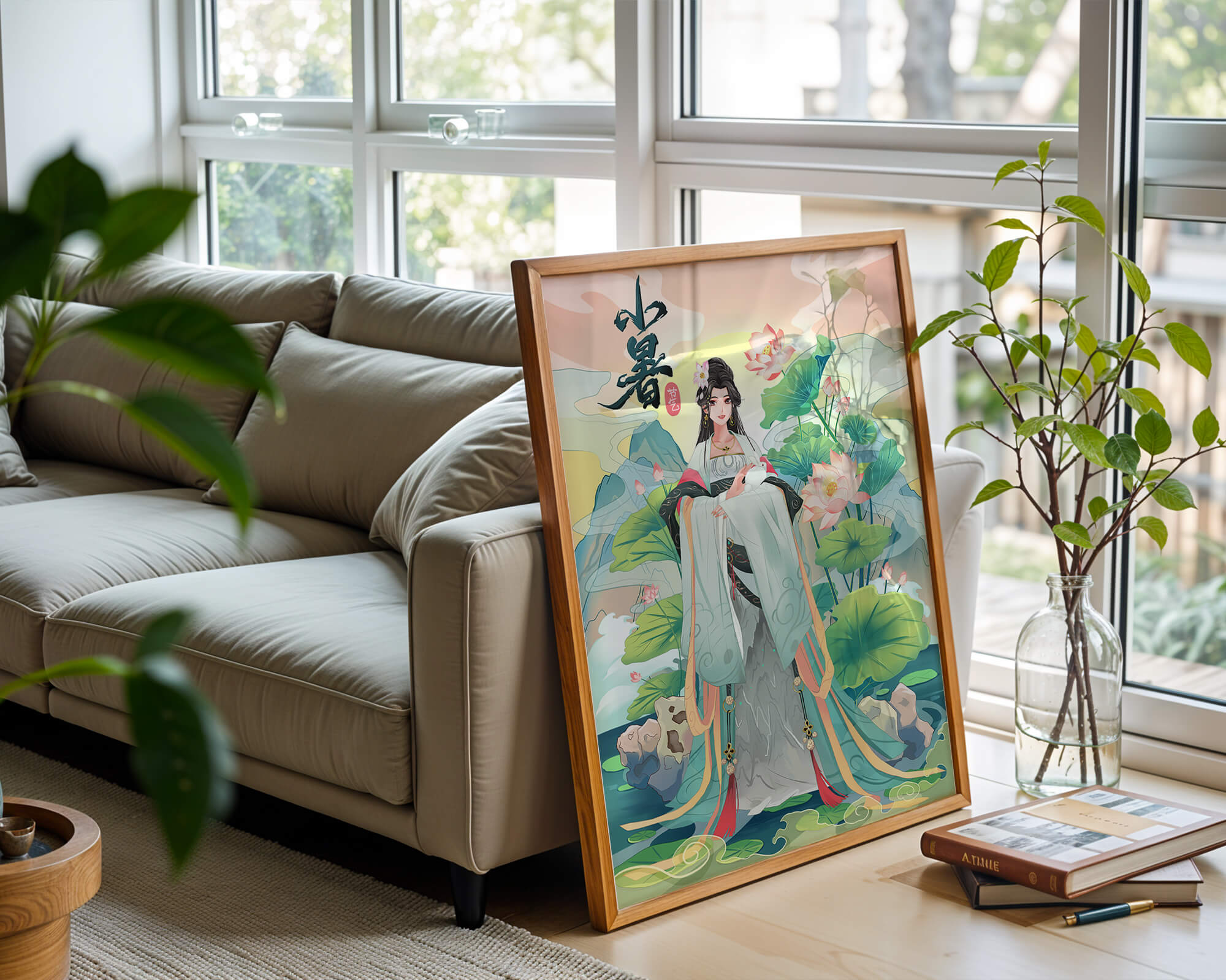Elegant woman in traditional attire with lotus flowers and serene backdrop