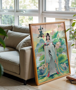 Elegant woman in traditional attire with lotus flowers and serene backdrop