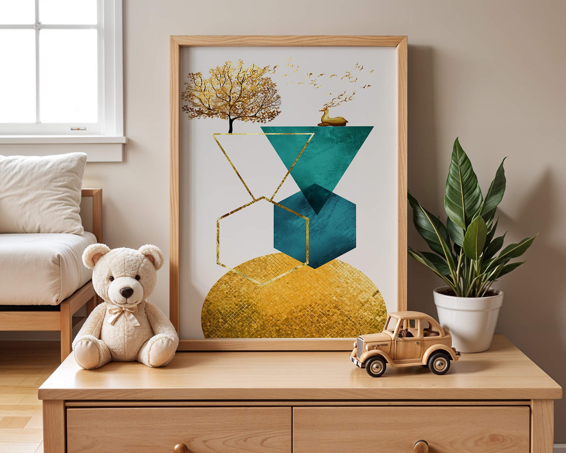 Abstract Geometric Composition with Golden Deer and Tree