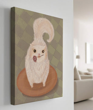 Illustration of fluffy cat with rose on a cushion