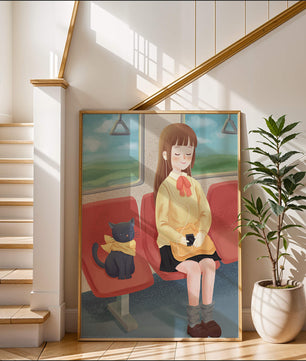 Viaje en tren tranquilo con una chica y su gato ilustrado